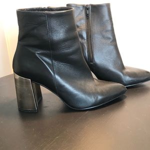 Black leather zip up stacked heel ankle bootie